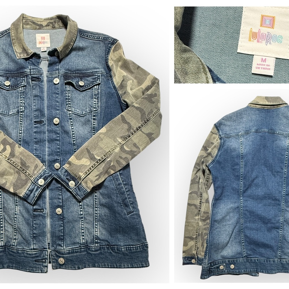 LuLaRoe Denim Jacket with Camouflage Sleeves